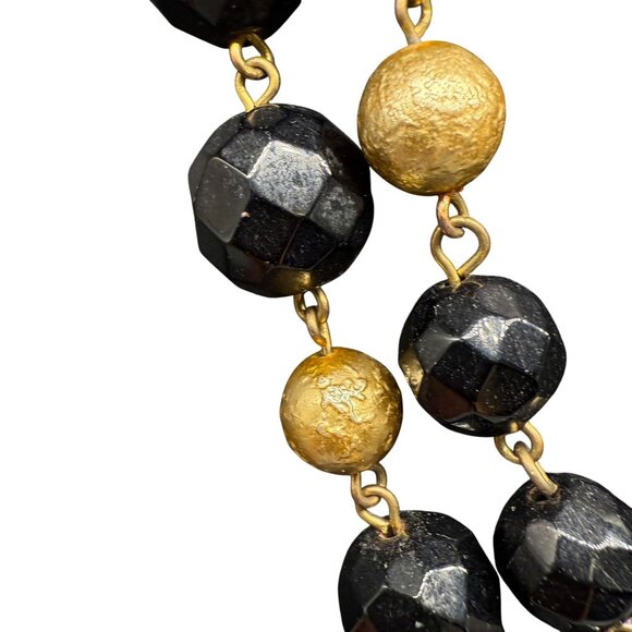 Vintage Black Gold Faceted Beads Double-Strand Chain Necklace Gold Tone - Picture 4 of 7